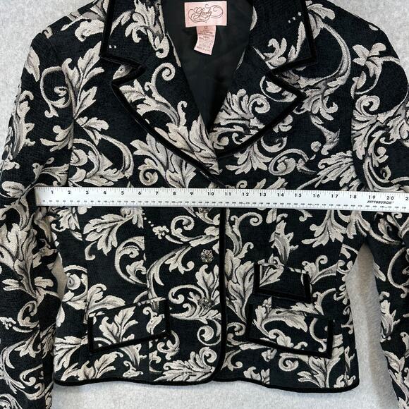 VTG Lovely Blazer Jacket Womens 12 Black White Baroque Damask Pattern 3-Button - Picture 12 of 15